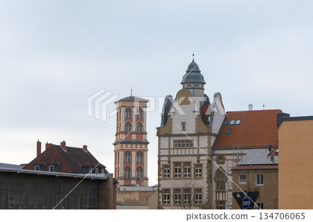 Dessau, Germany. December 23, 2025. Historic towers and rooftops in the center 134706065
