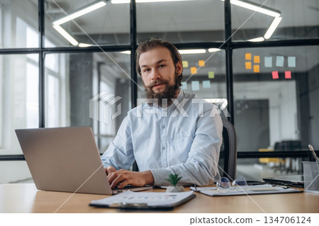 Feeling good, positive. Businessman is working in the office 134706124