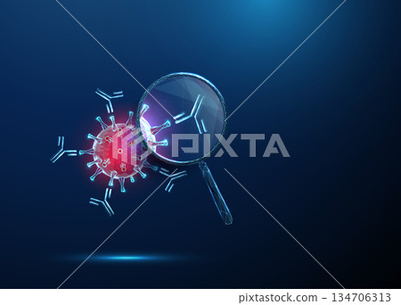 Magnifying glass showing virus attacked by neutralizing antibodies. Immune defense, viral infection control, antibody therapy, vaccination, concept. Magnifying glass showing virus attacked by neutralizing antibodies. Immune defense, viral infection control, antibody therapy, vaccination, concept. 134706313