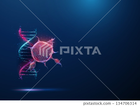 Red tumor with purple DNA. Cancer research, genetic analysis, molecular diagnostics, oncology study, precision medicine, biomedical investigation concept. Red tumor with purple DNA. Cancer research, genetic analysis, molecular diagnostics, oncology study, precision medicine, biomedical investigation concept. 134706314