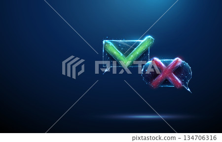 Two chat bubbles with red cross, green check mark Decision making, approval, rejection, feedback evaluation, user response flow, inquiry resolution, communication status concept. 134706316