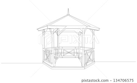 Summer garden gazebo continuous line drawing. Wooden construction minimalist black single line vector illustration. 134706575