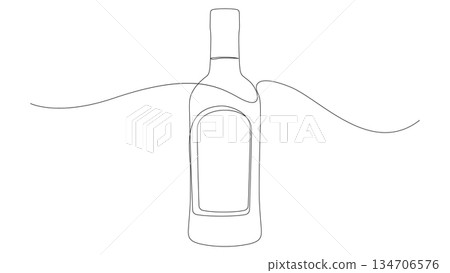 Whiskey bottle continuous one line drawing. Bourbon, scotch or brandy minimalist design. Hand drawn linear symbol, vector illustration. Whiskey bottle continuous one line drawing. Bourbon, scotch or brandy minimalist design. Hand drawn linear symbol, vector illustration. 134706576