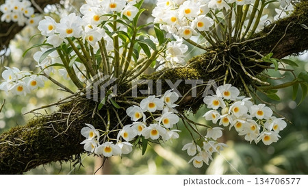 Dendrobium Crumenatum Pigeon Orchid Blooming After Rain 4K AI 134706577