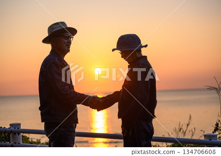 兩個人在海灘上握手 134706608
