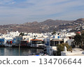 The coastline and whitewashed walls of Little Venice on the island of Mykonos 134706644