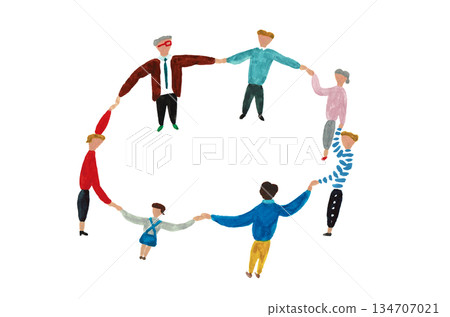 手繪插圖:人們手牽手圍成一個圈 手繪插圖:人們手牽手圍成一個圈 134707021