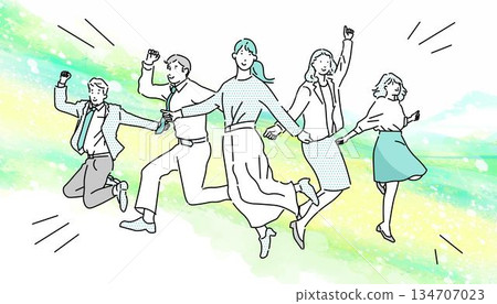 Startup image illustration - Jumping business person - Casual clothes - Abstract background illustration material 134707023