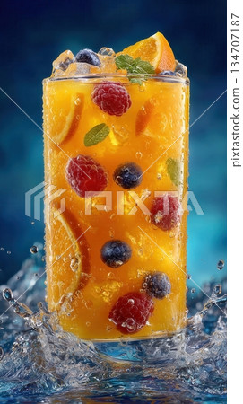 Refreshing drink with fruits splashing in a glass during a summer day 134707187