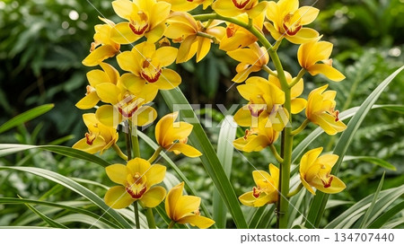 Golden Cymbidium Tracyanum Orchid 4K AI Asian Tropical Photography 134707440