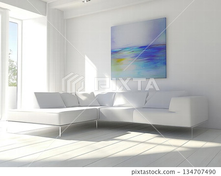 White Minimalist Living Room with a Coastal Abstract Painting White Minimalist Living Room with a Coastal Abstract Painting 134707490
