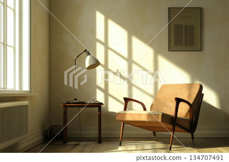 Cozy Corner with Mid-Century Modern Armchair and Desk Lamp Cozy Corner with Mid-Century Modern Armchair and Desk Lamp 134707491