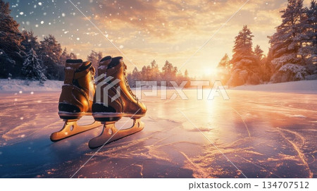 Winter Wonderland: A Pair of Ice Skates on a Frozen Lake at Sunset Winter Wonderland: A Pair of Ice Skates on a Frozen Lake at Sunset 134707512