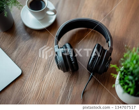 Black Headphones on Wooden Table with Coffee and Plants 134707517