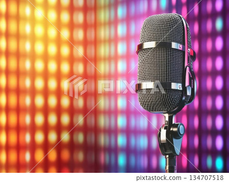 Vintage Microphone on a Stage with Colorful Lights Vintage Microphone on a Stage with Colorful Lights 134707518