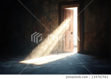 A Glimmer of Hope: Light Streaming Through a Doorway in a Dark Room A Glimmer of Hope: Light Streaming Through a Doorway in a Dark Room 134707561