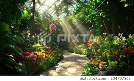 Sunlit Path Through a Lush Tropical Greenhouse Sunlit Path Through a Lush Tropical Greenhouse 134707562