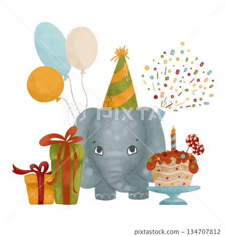 A festive watercolor pastel composition in a flat style, in autumn colors: little elephant, cake, candles, gifts, balloons. For printing design A festive watercolor pastel composition in a flat style, in autumn colors: little elephant, cake, candles, gifts, balloons. For printing design 134707812