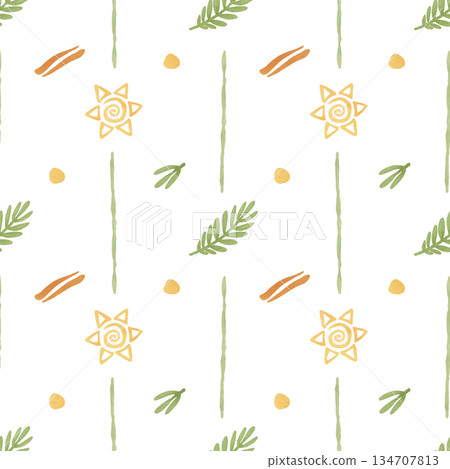 Seamless pattern: tropical leaves, ornament ethnic elements. Cartoon illustration in flat style. Watercolor, pastel, gouache, yellow, orange, green. Seamless pattern: tropical leaves, ornament ethnic elements. Cartoon illustration in flat style. Watercolor, pastel, gouache, yellow, orange, green. 134707813
