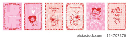 Valentine day doodle poster, hand drawn romantic love card set, cute cat dog character with heart.  134707876