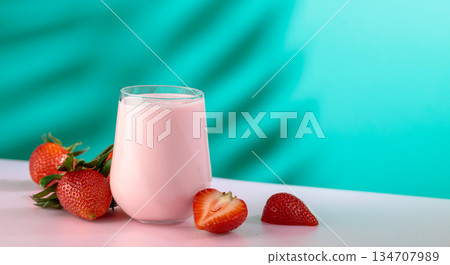 Strawberry yogurt and fresh berries on a colorful background. Strawberry yogurt and fresh berries on a colorful background. 134707989