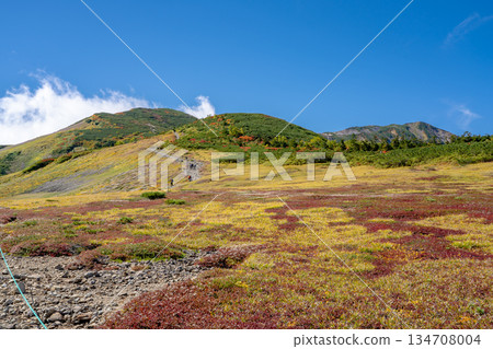 View of Funakoshi-no-Atama and autumn leaves from the shore of Hakuba-Oike Lake. Hakuba-Oike to Mt. Hakuba in the Northern Alps. View of Funakoshi-no-Atama and autumn leaves from the shore of Hakuba-Oike Lake. Hakuba-Oike to Mt. Hakuba in the Northern Alps. 134708004