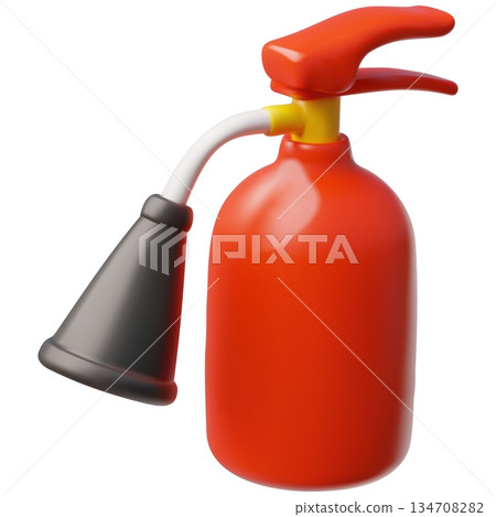 Red fire extinguisher 3D vector icon, carbon dioxide fire extinguisher with nozzle, portable emergency equipment Red fire extinguisher 3D vector icon, carbon dioxide fire extinguisher with nozzle, portable emergency equipment 134708282
