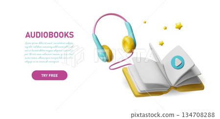 Open book with headphones, audiobooks 3D advertising banner design, listening to books by headphone, online library 134708288