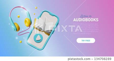 A 3D banner featuring a mobile phone with a button, a book, and headphones. A 3D banner featuring a mobile phone with a button, a book, and headphones. 134708289