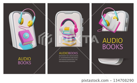Audiobooks 3D cartoon design vector set, listening to audio books from a smartphone, online library, internet education 134708290