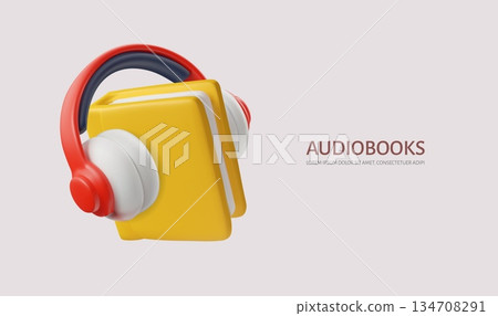 Book with headphones, audiobooks 3D advertising vector banner, listening to book by headphone, online library, education Book with headphones, audiobooks 3D advertising vector banner, listening to book by headphone, online library, education 134708291