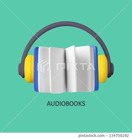 Open book with headphones, audiobooks 3D cartoon plastic style poster, listening to books by headphone, online library 134708292