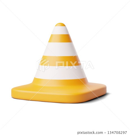 Traffic cone warning barrier, 3D vector orange with white stripes road traffic cone, realistic repair tool, caution sign 134708297