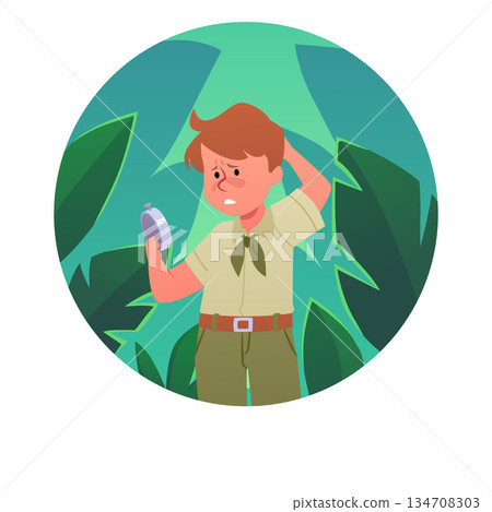 Scout boys exploring compass in the forest, vector tourism hiking orientation, camping and travel equipment camping gear 134708303