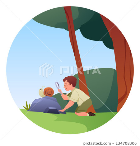 A round frame with a boy examining a snail on a rock through a magnifying glass. 134708306