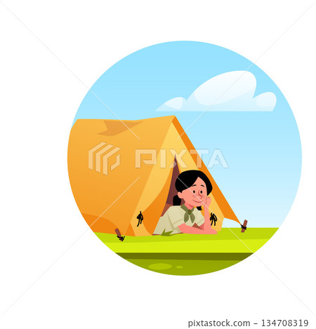 Girl scout resting in tourist camping tent, campsite equipment, vector cartoon kid in yellow tent for nature traveling 134708319