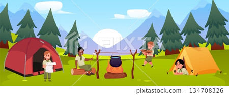 Scout children camp on the river bank, scouts resting near the camping tent and campfire, summer activities, explore Scout children camp on the river bank, scouts resting near the camping tent and campfire, summer activities, explore 134708326