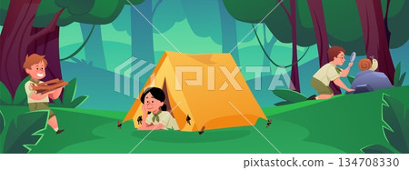 Scout kids camp in forest, group of scouts resting in camping tent, preparing firewood for a fire and examining insects 134708330