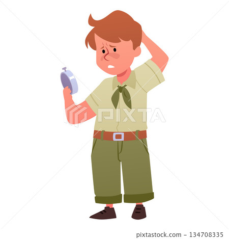 Scout boys exploring compass, vector tourism hiking orientation to the direction, camping and travel equipment 134708335