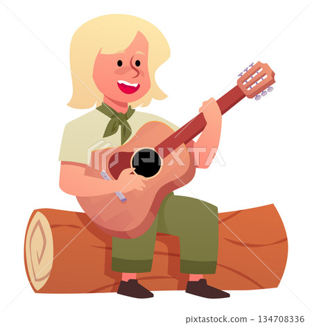 Boy sitting on a log and playing the acoustic guitar, vector cartoon summer kids camp scout with music instrument Boy sitting on a log and playing the acoustic guitar, vector cartoon summer kids camp scout with music instrument 134708336