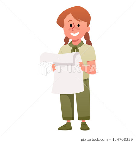 A smiling girl scout in a green uniform holding a piece of paper. 134708339