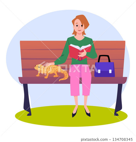 A woman reading a book while sitting on a bench with a yellow gecko lizard. A woman reading a book while sitting on a bench with a yellow gecko lizard. 134708345