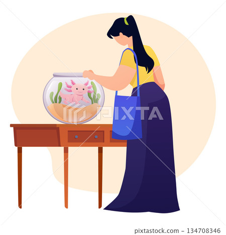 A woman with a bag near a table with an aquarium containing an axolotl. A woman with a bag near a table with an aquarium containing an axolotl. 134708346
