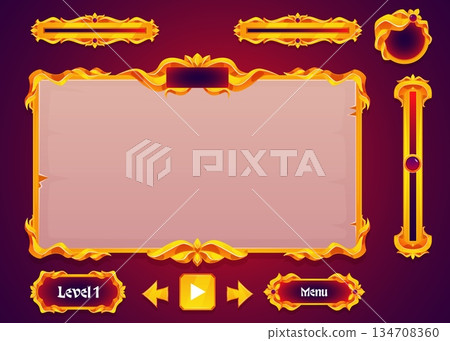 UI UX game menu vector set, royal gold frames with gem, gaming big kit for user interface, buttons, levels, progress bar UI UX game menu vector set, royal gold frames with gem, gaming big kit for user interface, buttons, levels, progress bar 134708360