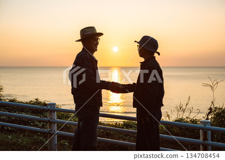 Elderly people shaking hands on the beach 134708454