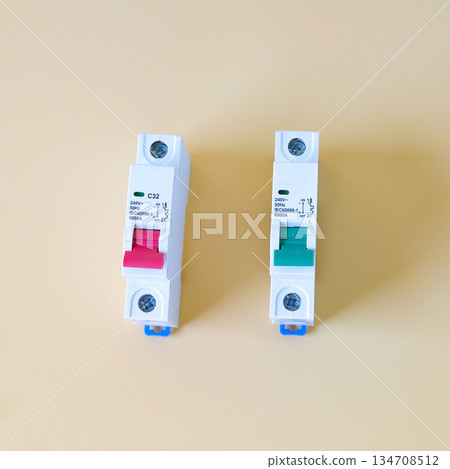 A circuit breakers during the assembly of an electrical panel. A circuit breakers during the assembly of an electrical panel. 134708512