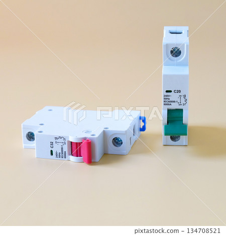 A circuit breakers during the assembly of an electrical panel. A circuit breakers during the assembly of an electrical panel. 134708521