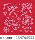 Coquette bow ribbon pink accessories set. Contour doodle vector illustration of Bows with heart-shaped loops and word LOVE 134708533