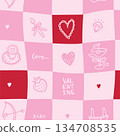 Checkered pink romantic pattern seamless with vintage linear doodle elements - strawberry, hearts, bow, beverage. Hand drawn vector illustration. Whimsy girly design. 134708535