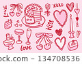 Whimsy Happy Valentine's Day doodle set. Heart shaped cherries, cakes, trendy vintage bows, candle, glasses. Hand drawn line art vector illustration. Rough freehand drawing. 134708536